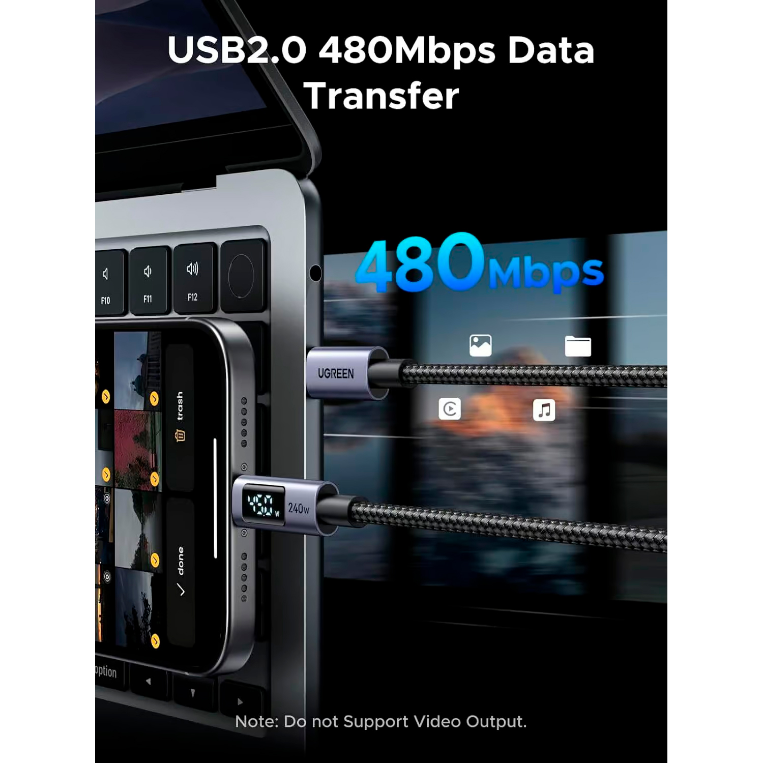 Кабель Ugreen L530, USB-C - USB-C, 240 Вт, 3 м, черный