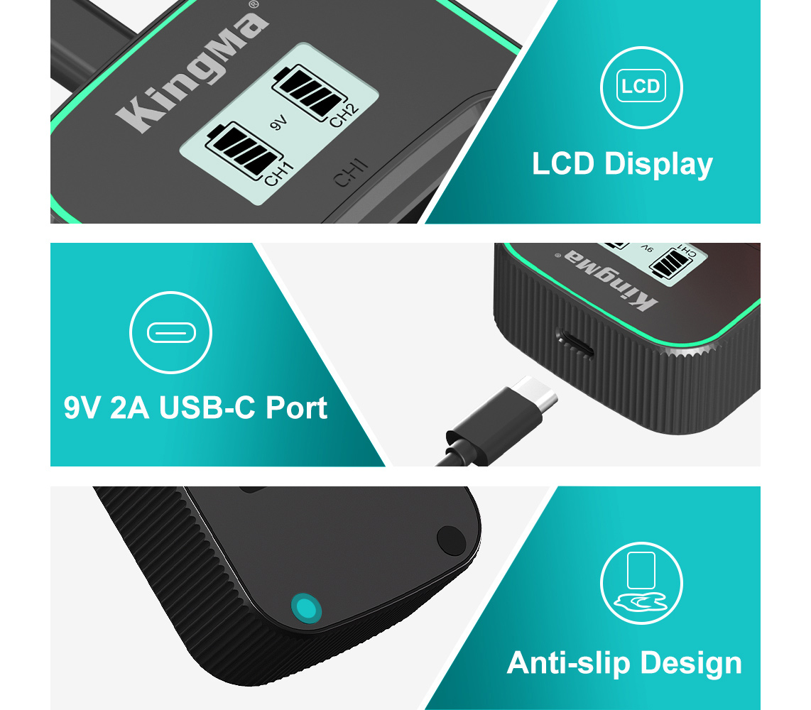 Зарядное устройство Kingma BM058Q-W235, для 2х Fujifilm NP-W235, дисплей, USB Type-C