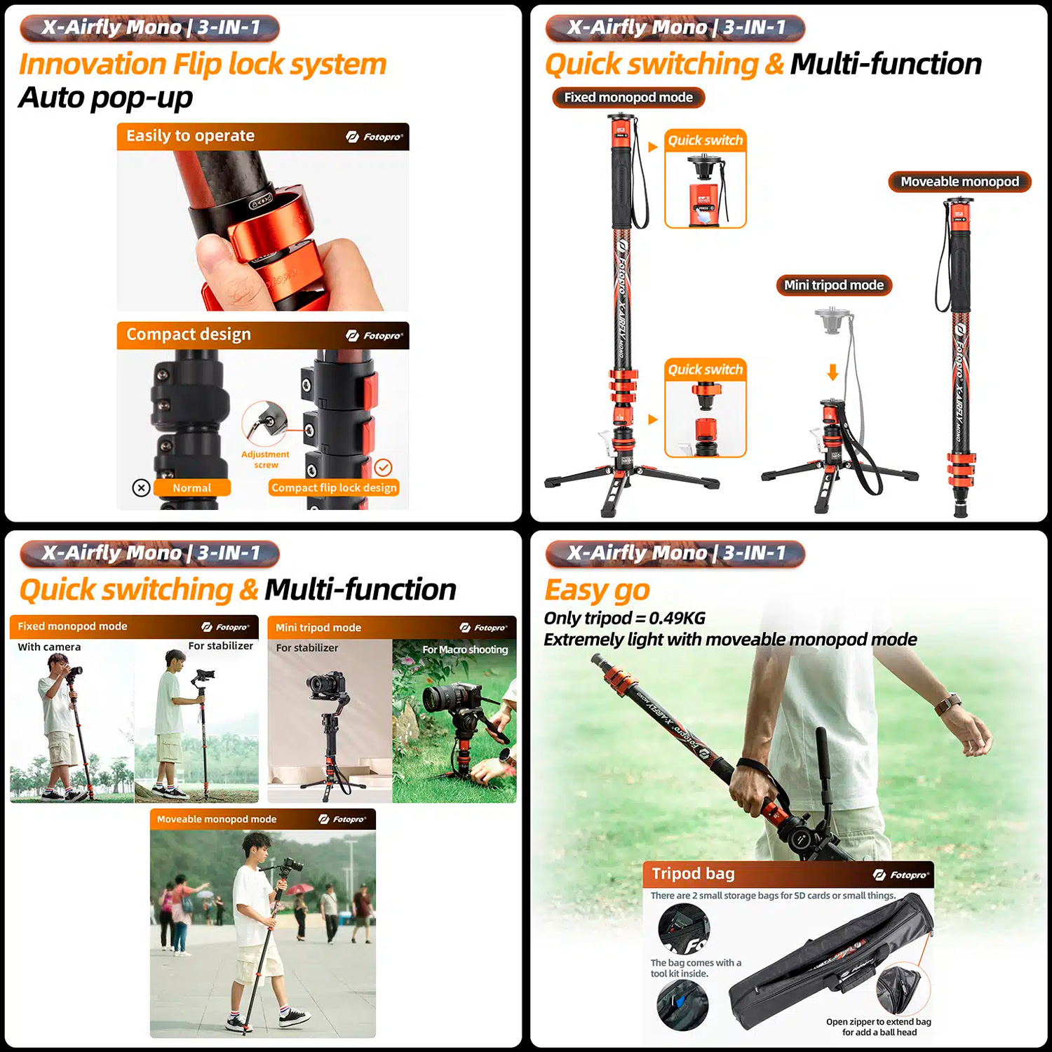 Монопод Fotopro X-Airfly Mono Orange, карбоновый, до 10 кг