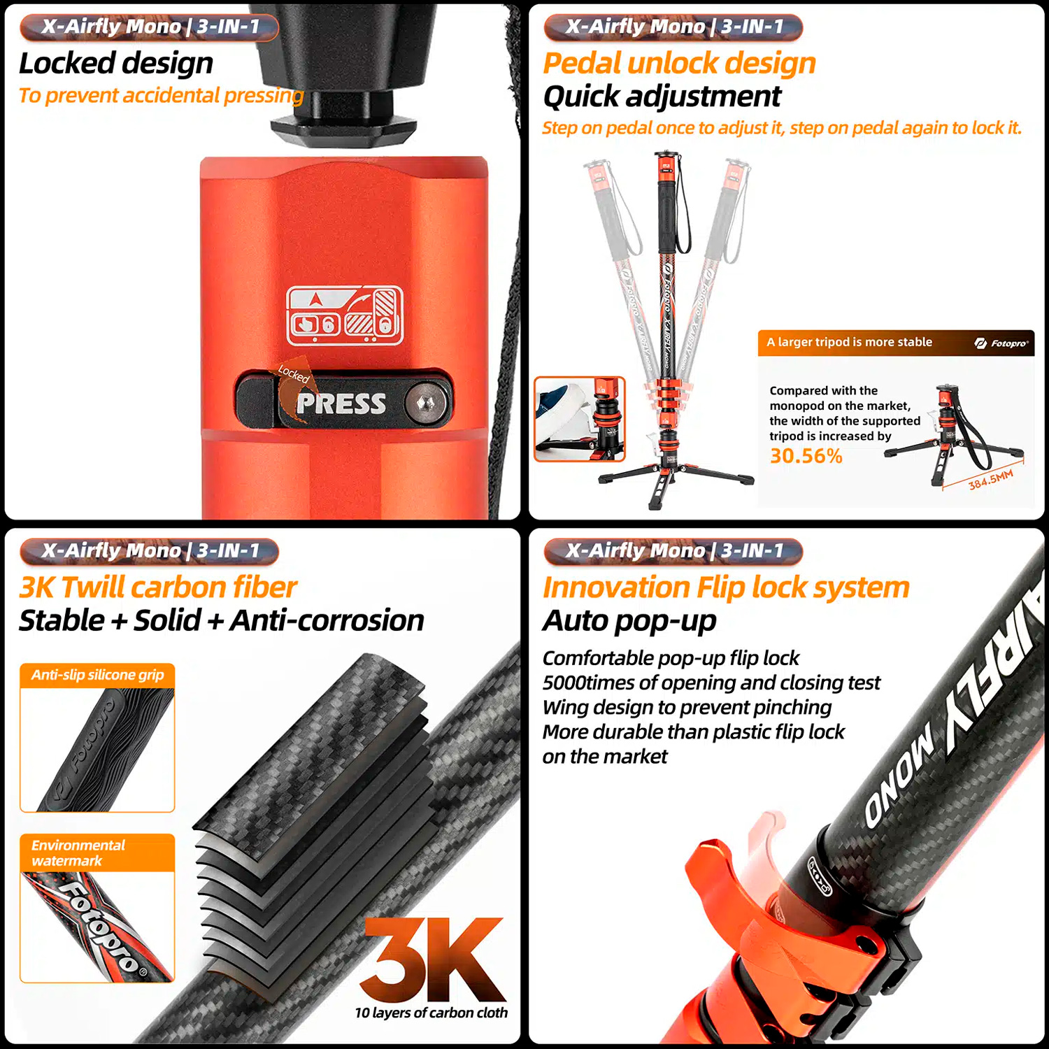 Монопод Fotopro X-Airfly Mono Orange, карбоновый, до 10 кг