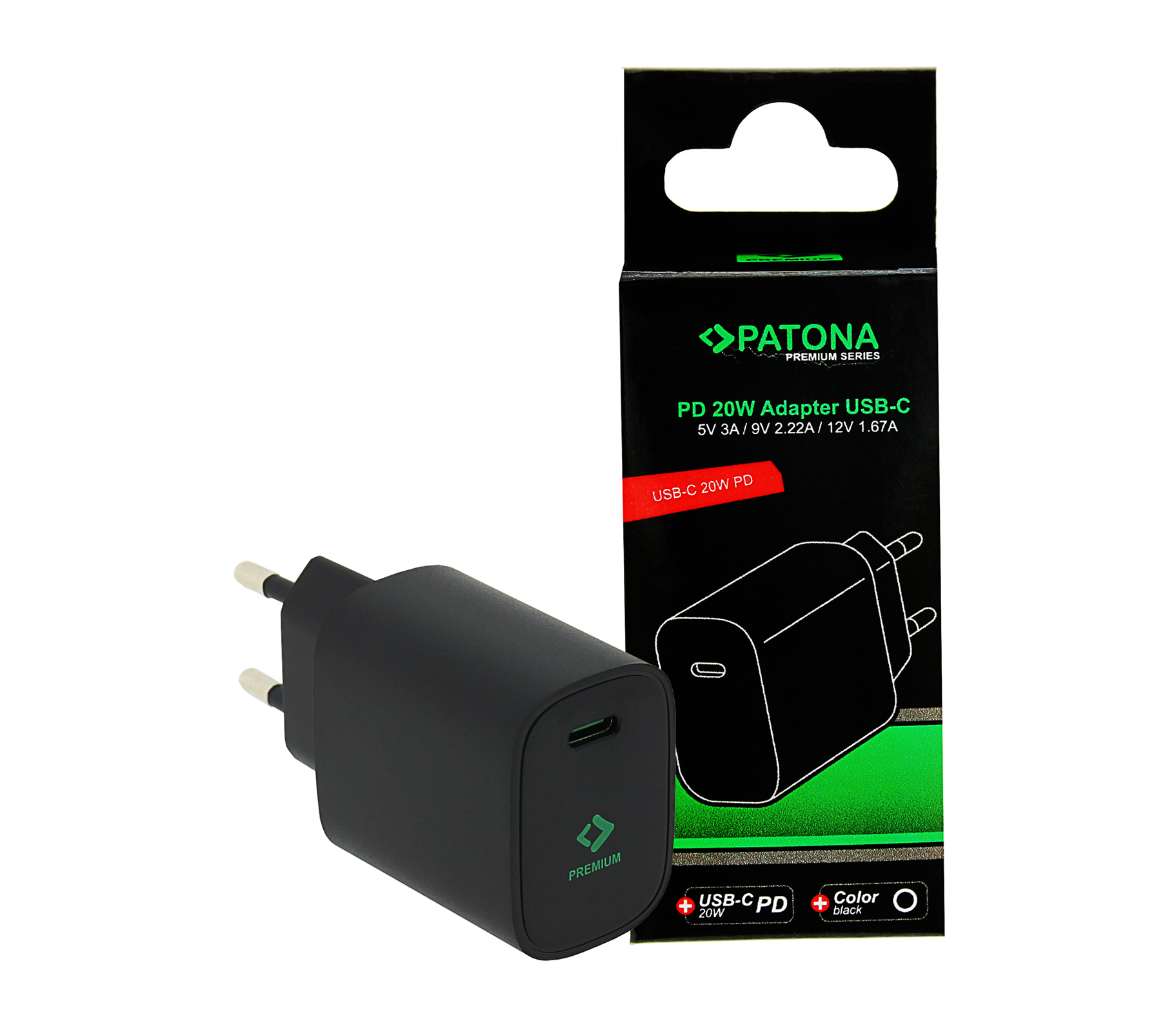 Сетевое зарядное устройство Patona 2591 PD20W, USB-C, черное
