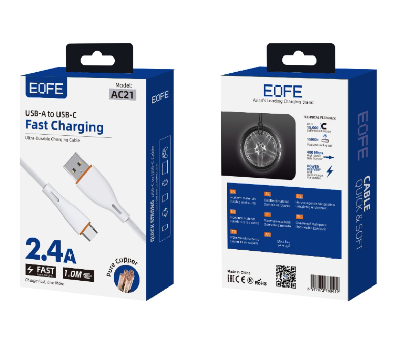 Кабель EOFE AC21 USB-A / USB-C, 2.4А, ПВХ, 1 метр, белый