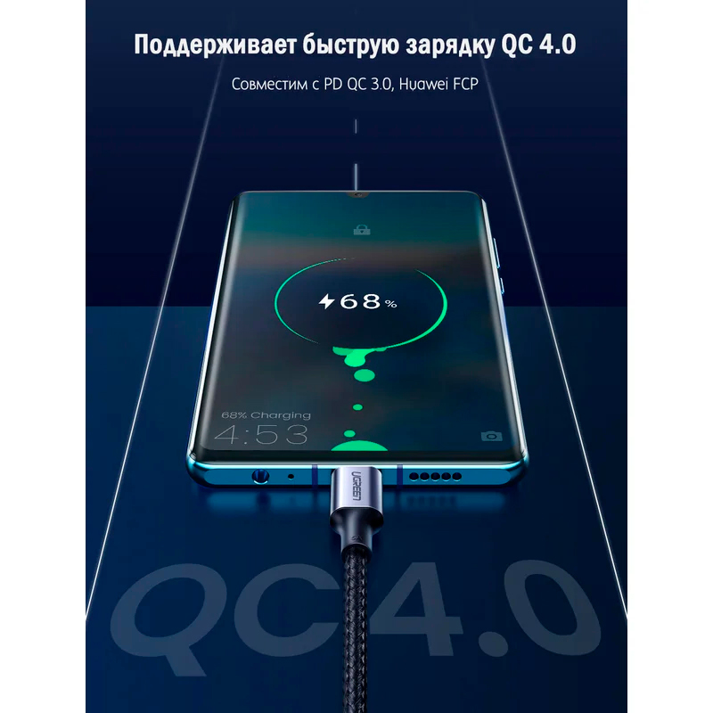 Кабель Ugreen US316, USB-C - USB-C, 100 Вт, 5A, 1 м, серый