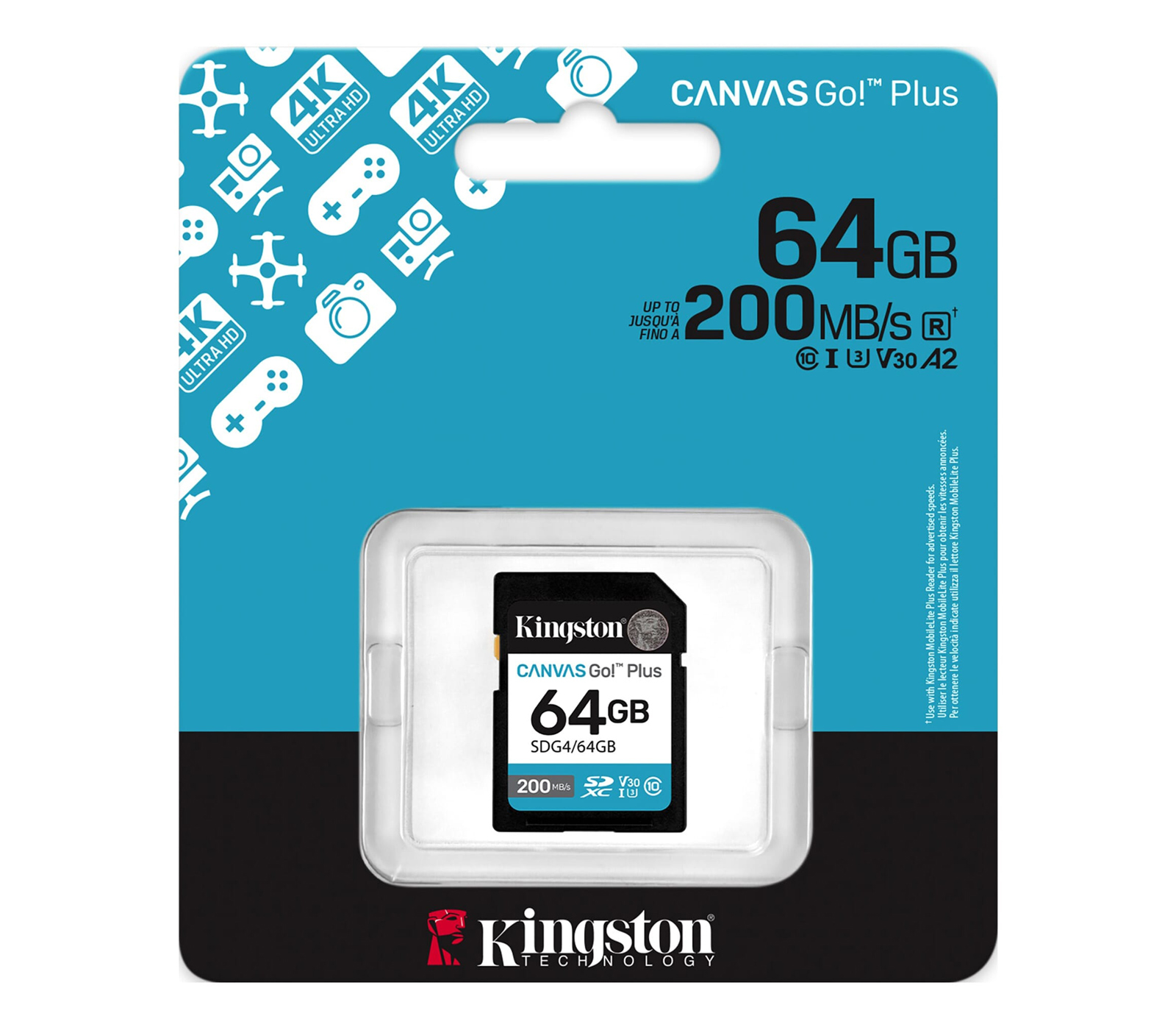 Карта памяти Kingston SDXC 64GB Canvas Go! Plus G4 UHS-I U3 V30 200Mb/s