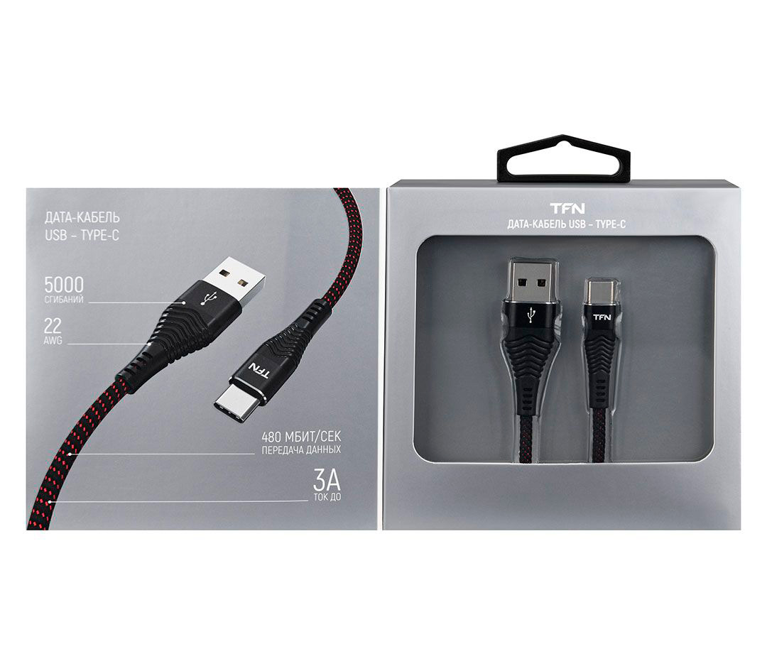 Кабель TFN Forza, USB-A / USB-C, 3A, 1 м, черный