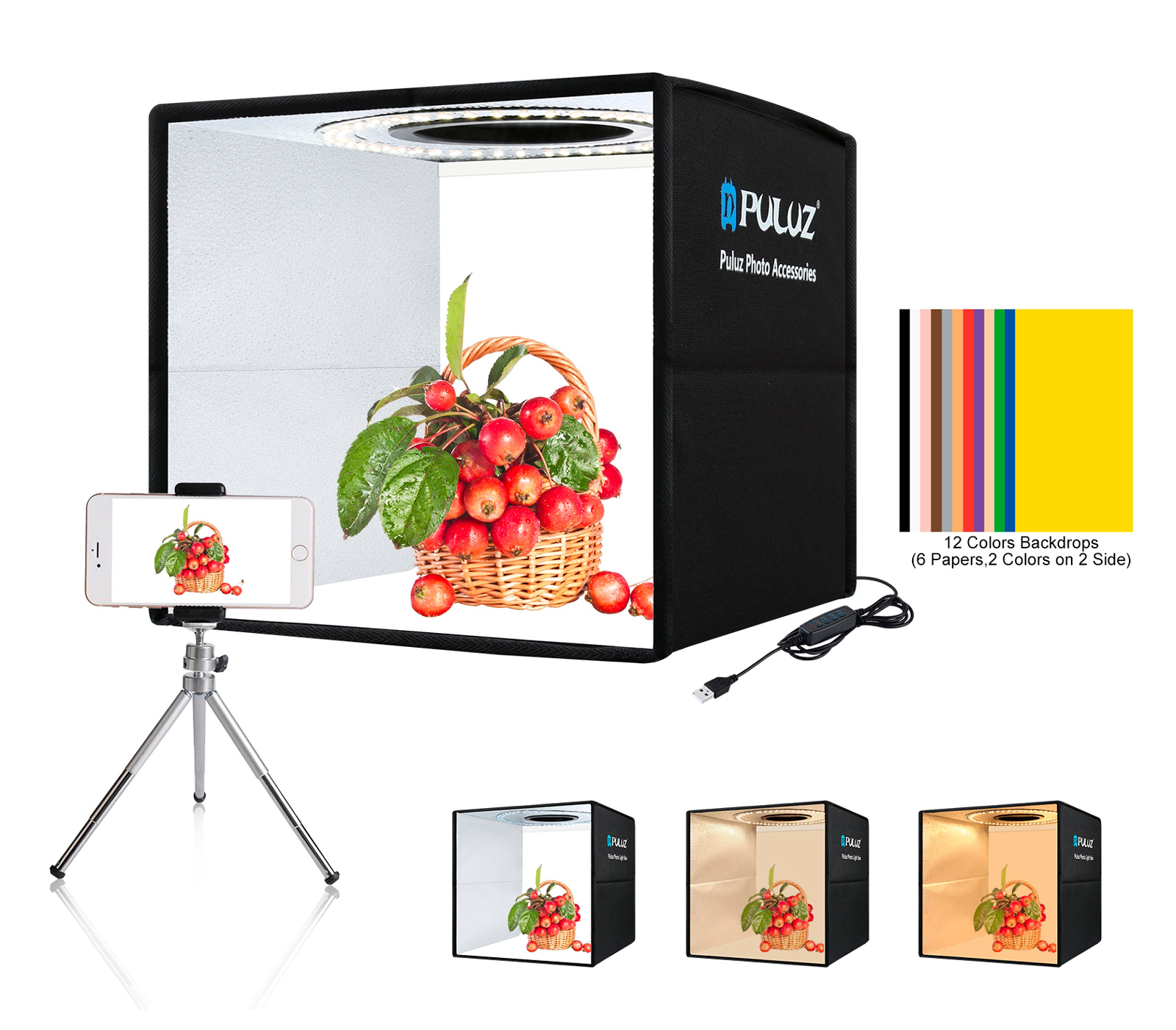 Фотобокс Puluz PU5027B 25 см, с подсветкой 10 Вт и 6 фонами