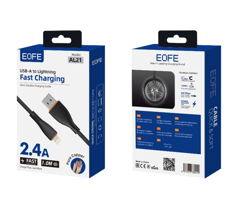 Кабель EOFE AL21 USB-A / Lightning, 2.4А, ПВХ, 1 метр, черный