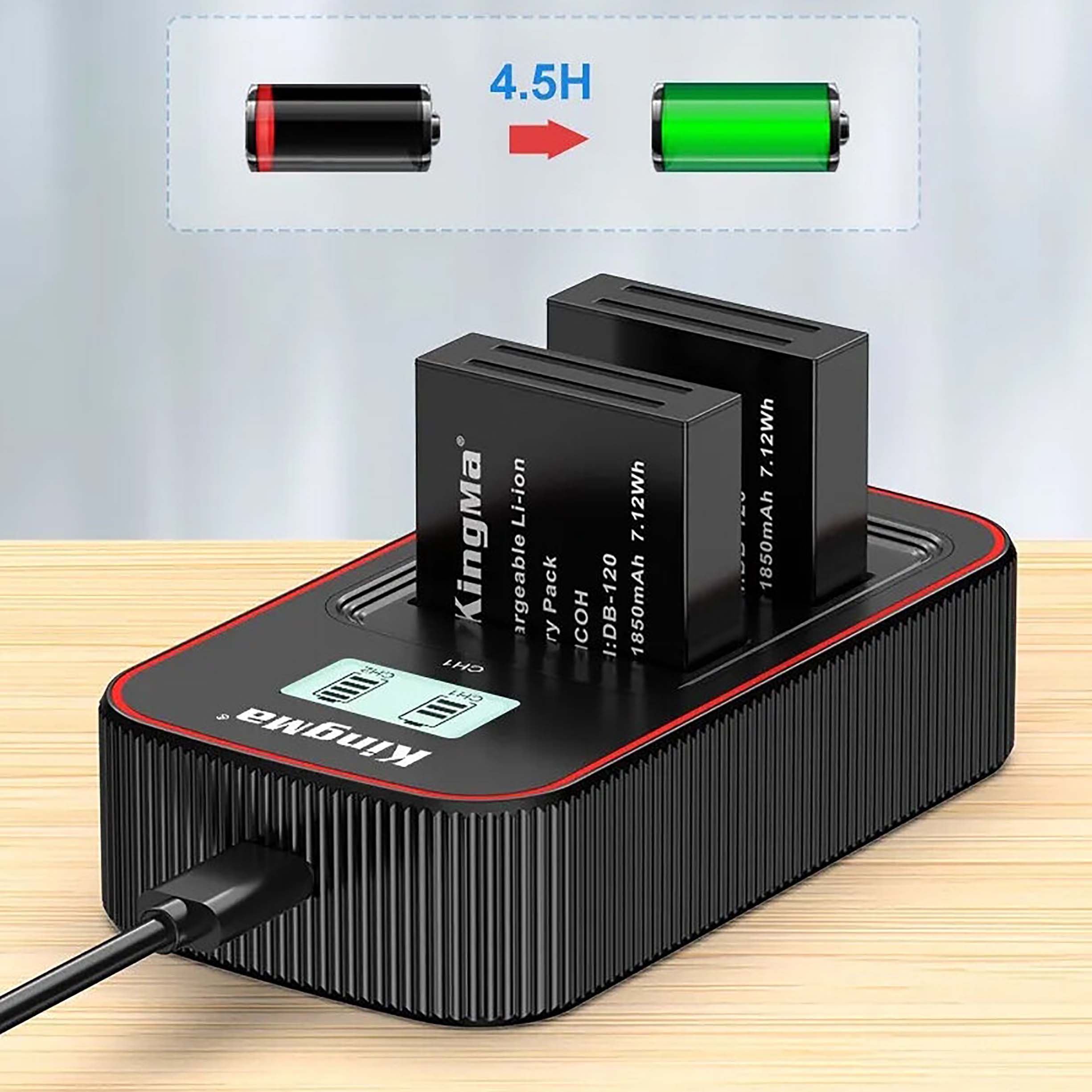 Зарядное устройство Kingma BM058-DB120 для 2х Ricoh DB-120, USB, с дисплеем