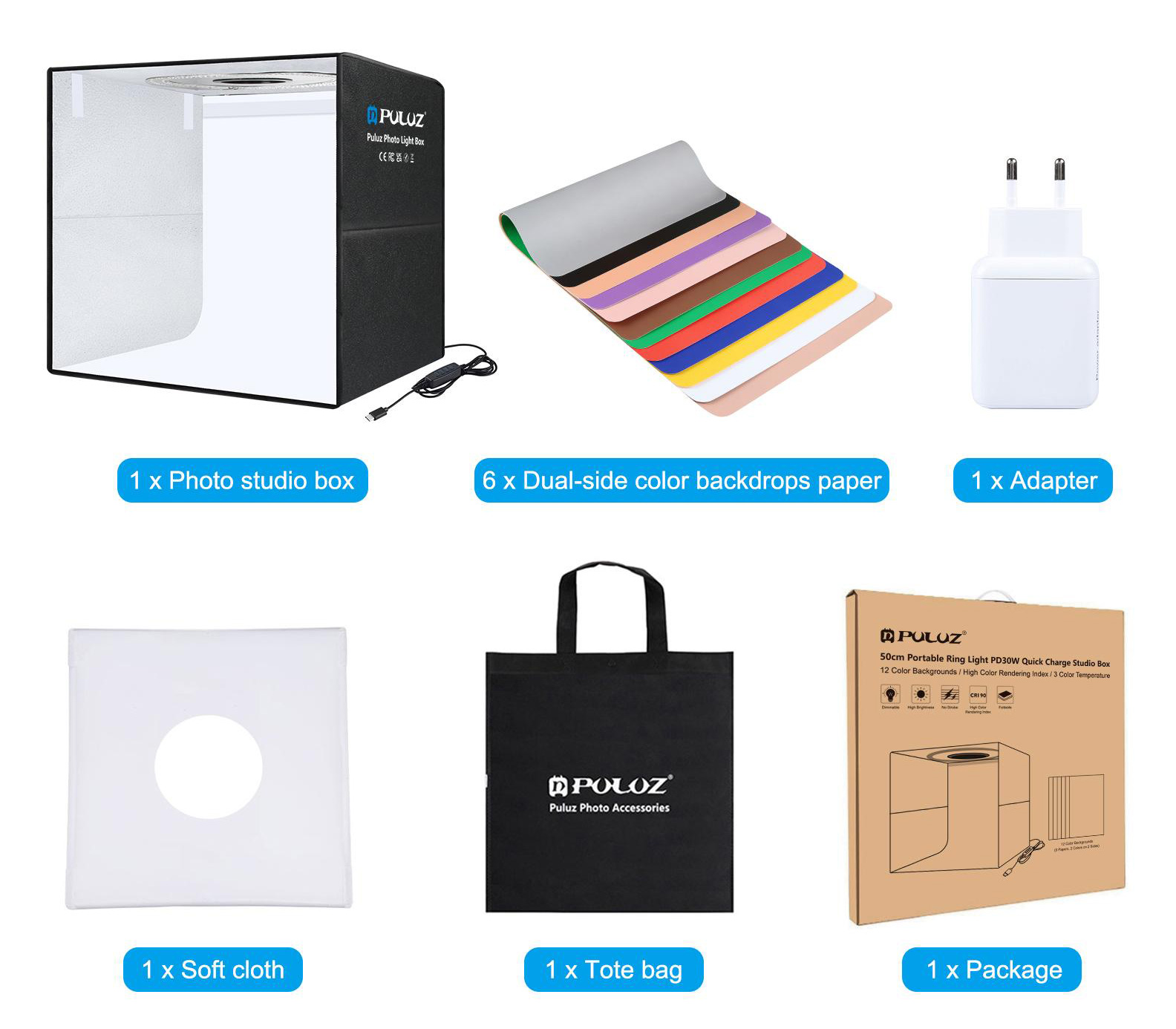 Фотобокс Puluz 50 см, с кольцевой подсветкой 30Вт и 6 фонами (уцененный)