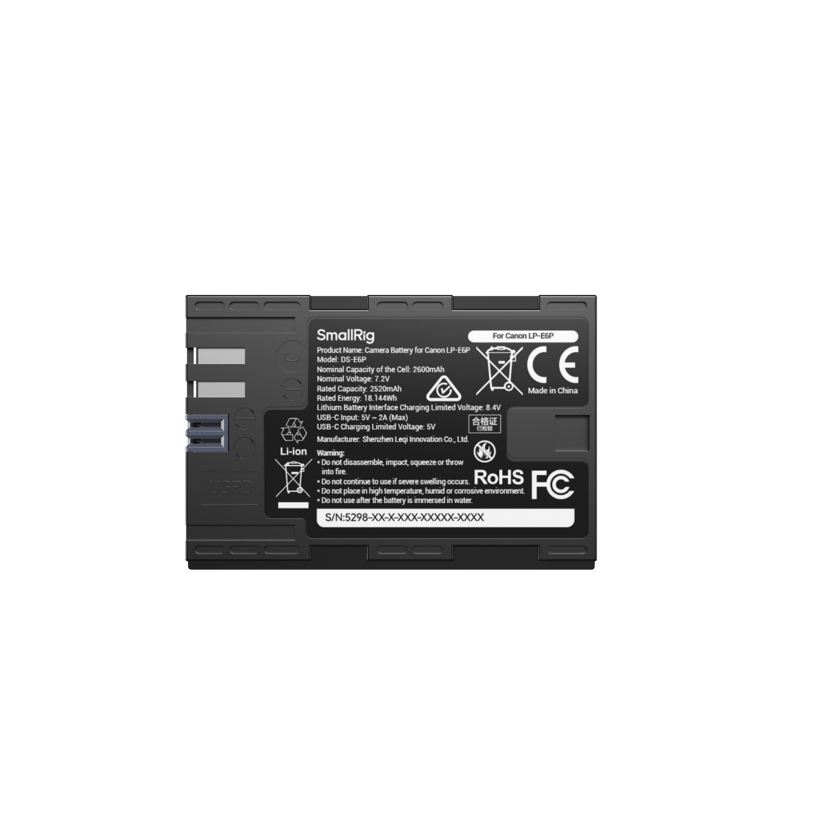 Аккумулятор SmallRig LP-E6P, c индикатором заряда и разъемом USB-C, 2520 мАч (5298)