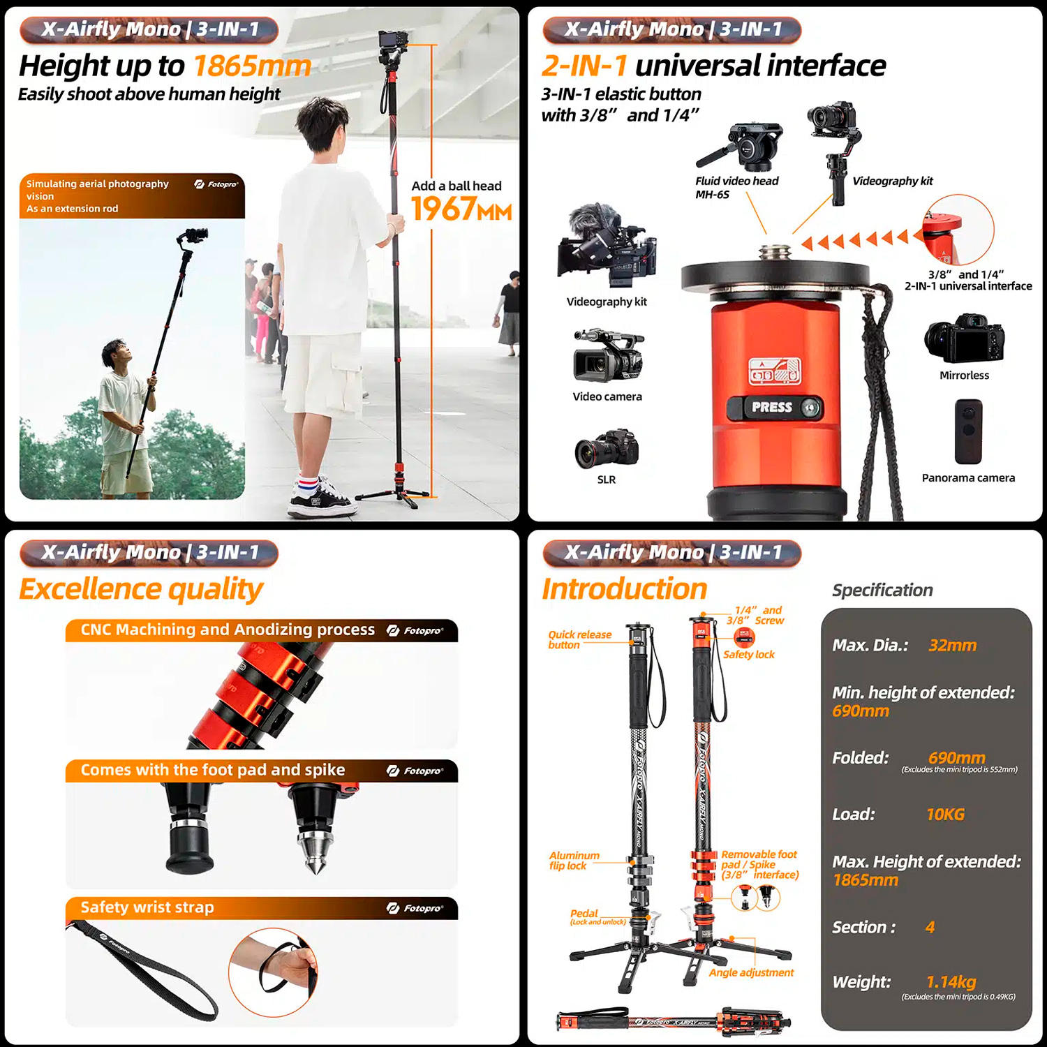 Монопод Fotopro X-Airfly Mono Orange, карбоновый, до 10 кг