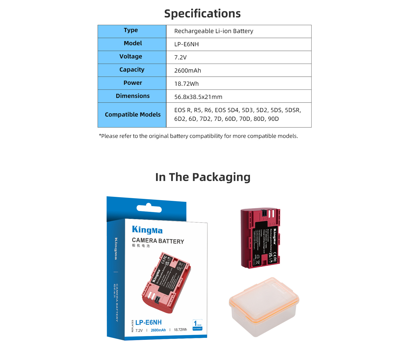 Аккумулятор Kingma LP-E6NH с защитным кейсом, 2600 мАч