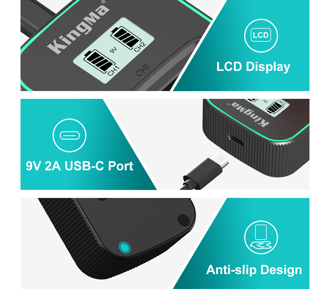 Зарядное устройство Kingma BM058Q-LPE6, для 2х Canon LP-E6/6N/6NH, дисплей, USB Type-C