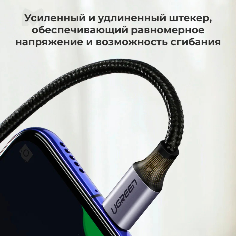 Кабель Ugreen US255, USB-C - USB-C, 60 Вт, 3A, 1 м, серый
