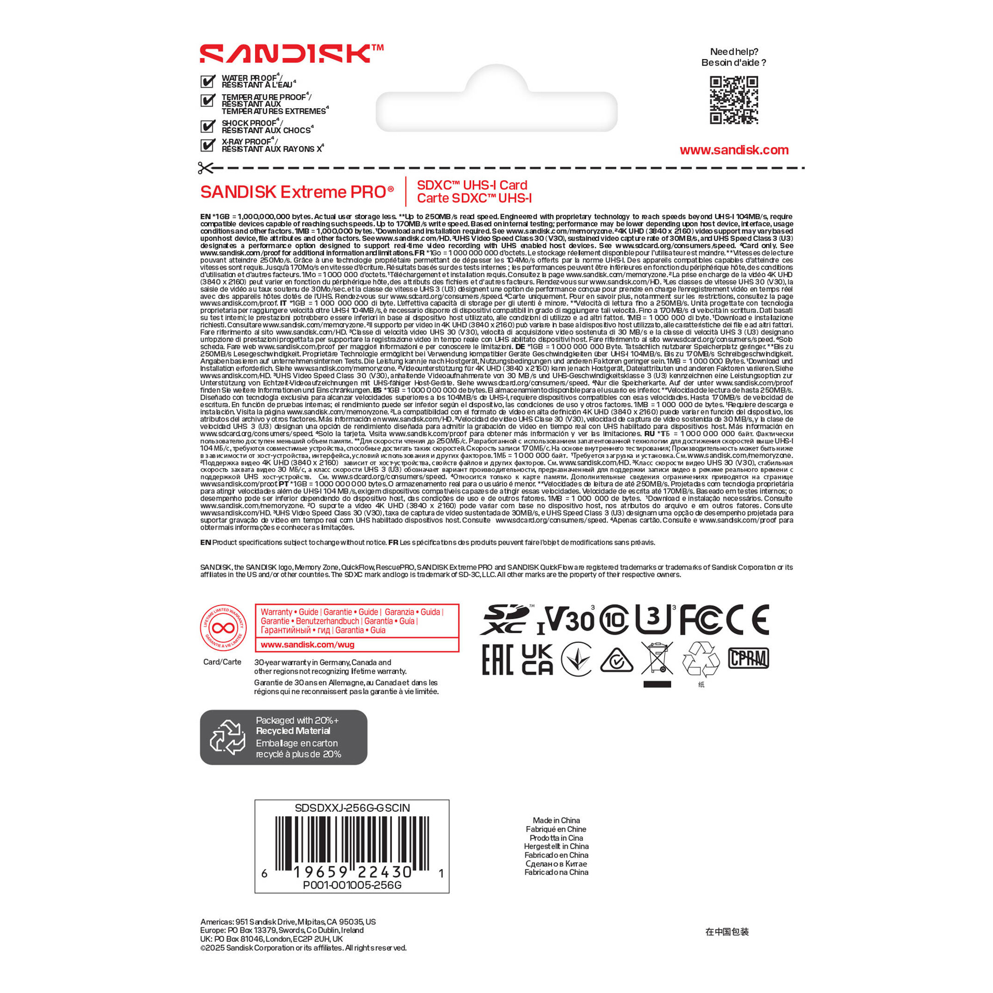 Карта памяти SanDisk SDXC 256GB Extreme Pro UHS-I V30 R250/W170MB/s