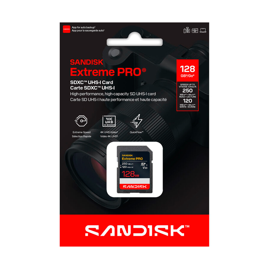 Карта памяти SanDisk SDXC 128GB Extreme Pro UHS-I V30 U3 R250/W120 МБ/с