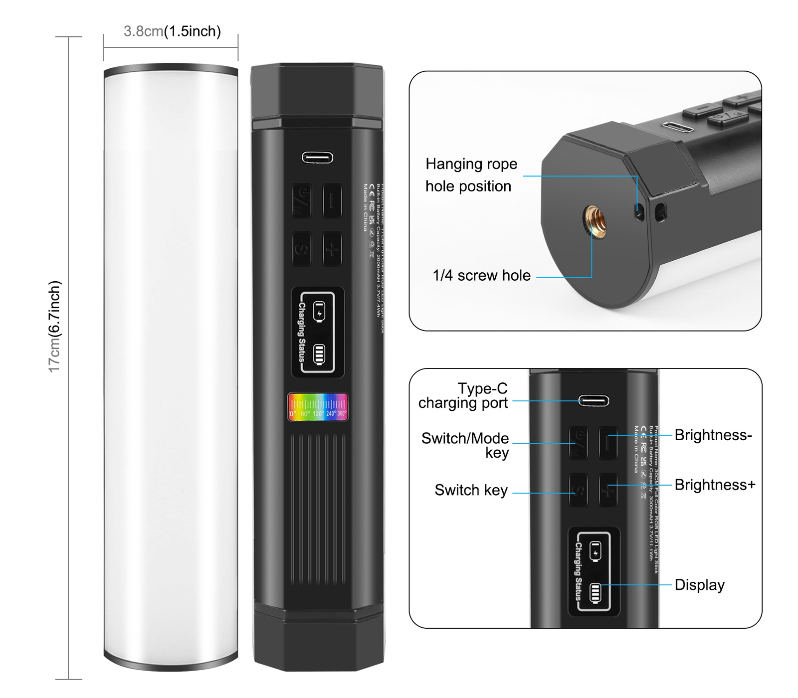 Осветитель Puluz PU4138, RGB, 2500-9000К, 6 Вт, длина 17 см
