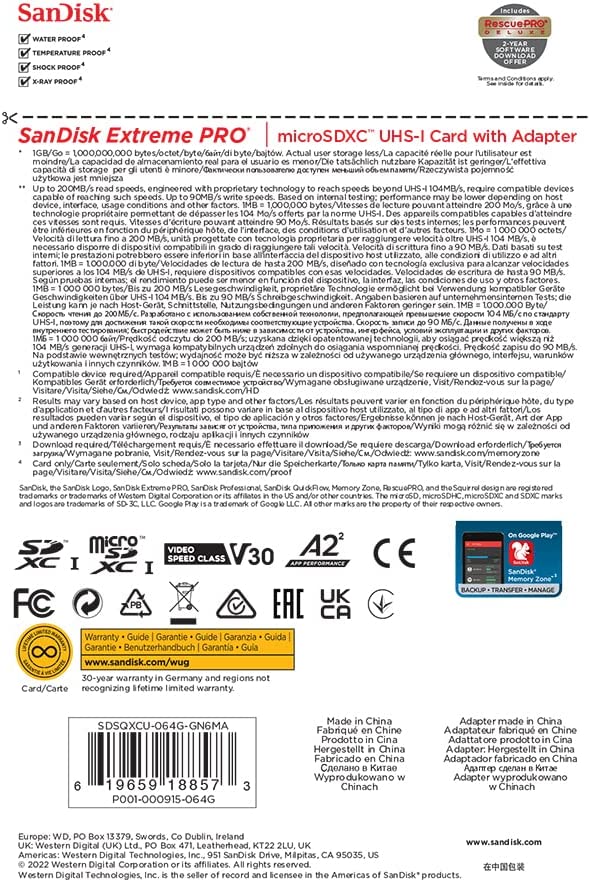 Карта памяти SanDisk MicroSDXC 64GB Extreme PRO A2 V30 UHS-I U3 200/90 МБ/с, с адаптером