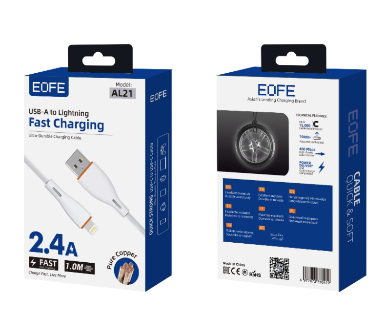 Кабель EOFE AL21 USB-A / Lightning, 2.4А, ПВХ, 1 метр, белый