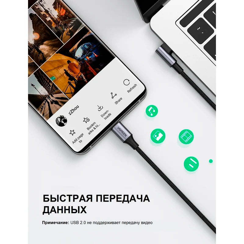 Кабель Ugreen US334, USB-C - USB-C, 100 Вт, 5A, 2 м, серый