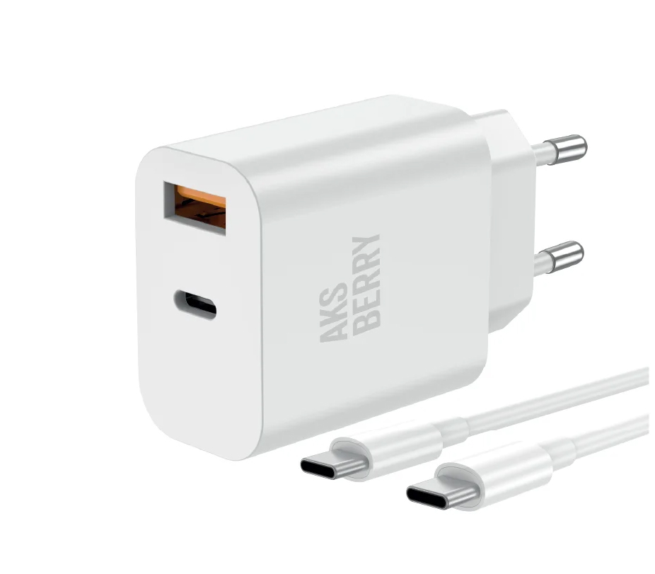 Зарядное устройство Aksberry T43, USB-C + USB-A, 20 Вт, кабель USB-C, белый