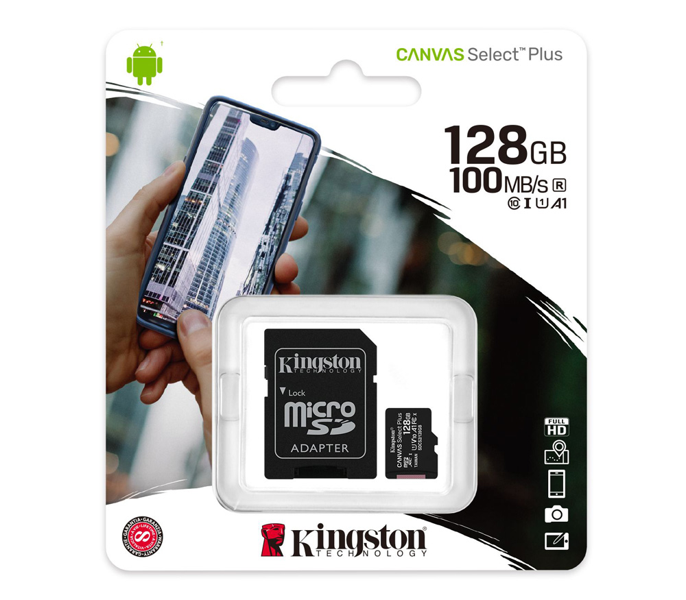 Карта памяти Kingston MicroSDXC 128GB Canvas Select Plus 100 МБ/с U1 A1 (с адаптером)