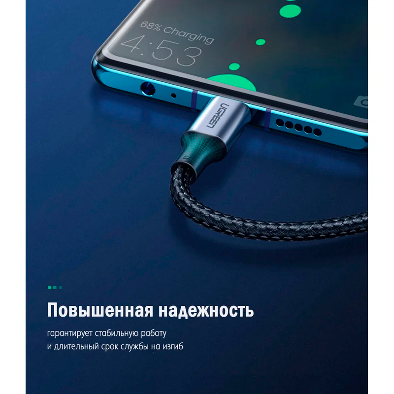 Кабель Ugreen US316, USB-C - USB-C, 100 Вт, 5A, 1 м, серый