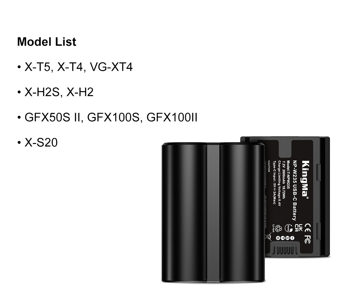 Аккуумулятор Kingma NP-W235 с портом зарядки USB-C, 2600 мАч