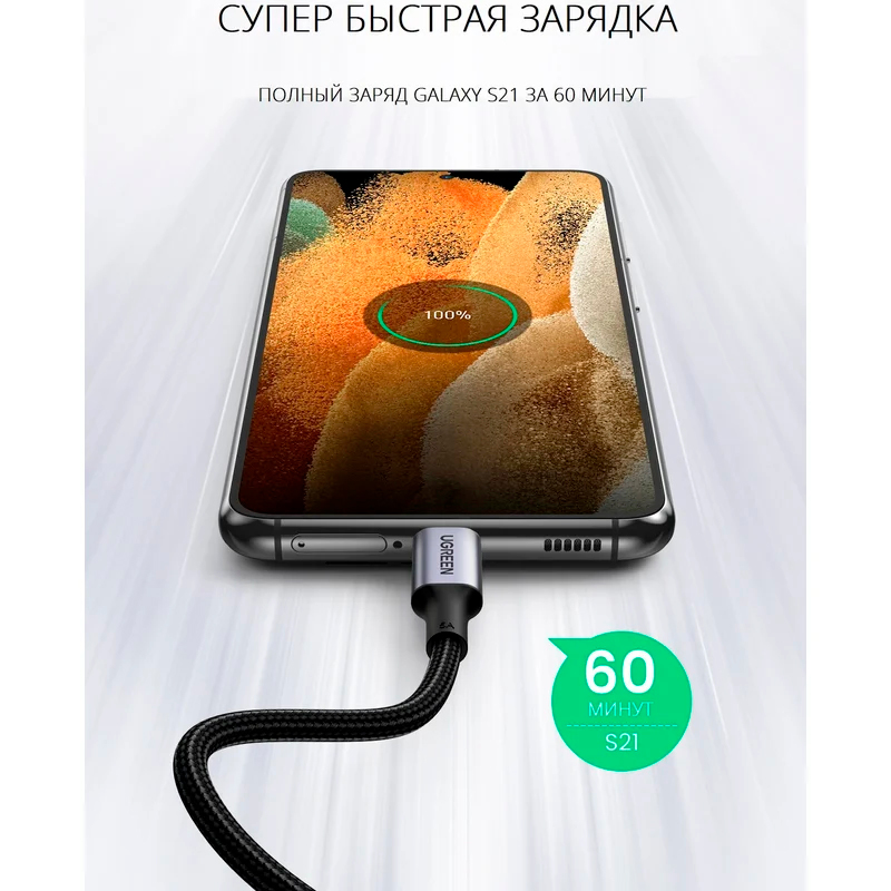 Кабель Ugreen US334, USB-C - USB-C, 100 Вт, 5A, 2 м, серый