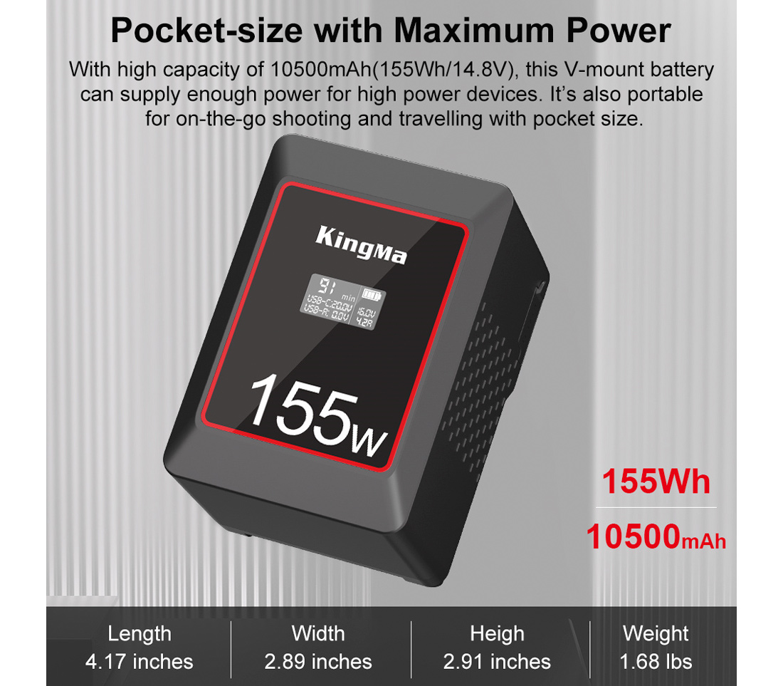 Аккумулятор Kingma 155W Mini, V-Mount, OLED дисплей, 10050 мАч