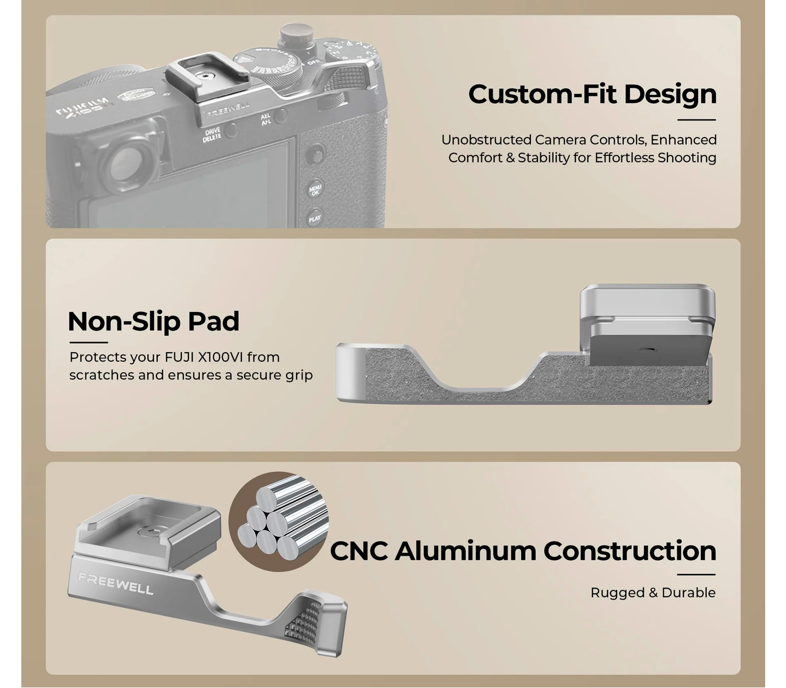 Упор для большого пальца Freewell Thumb Grip для Fujifilm X100VI, с башмаком, серебристый